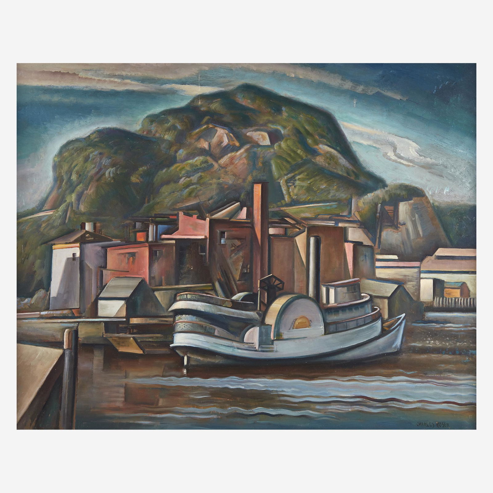 Charles Rosen (American, 1878–1950), , Sidewheel in the: Charles Rosen (American, 1878–1950)Sidewheel in the RondoutSigned 'CHARLES ROSEN' bottom right; also signed on upper stretcher verso, oil on canvas32 x 40 in. (81.3 x 101.6cm)PROVENANCE:Private Coll