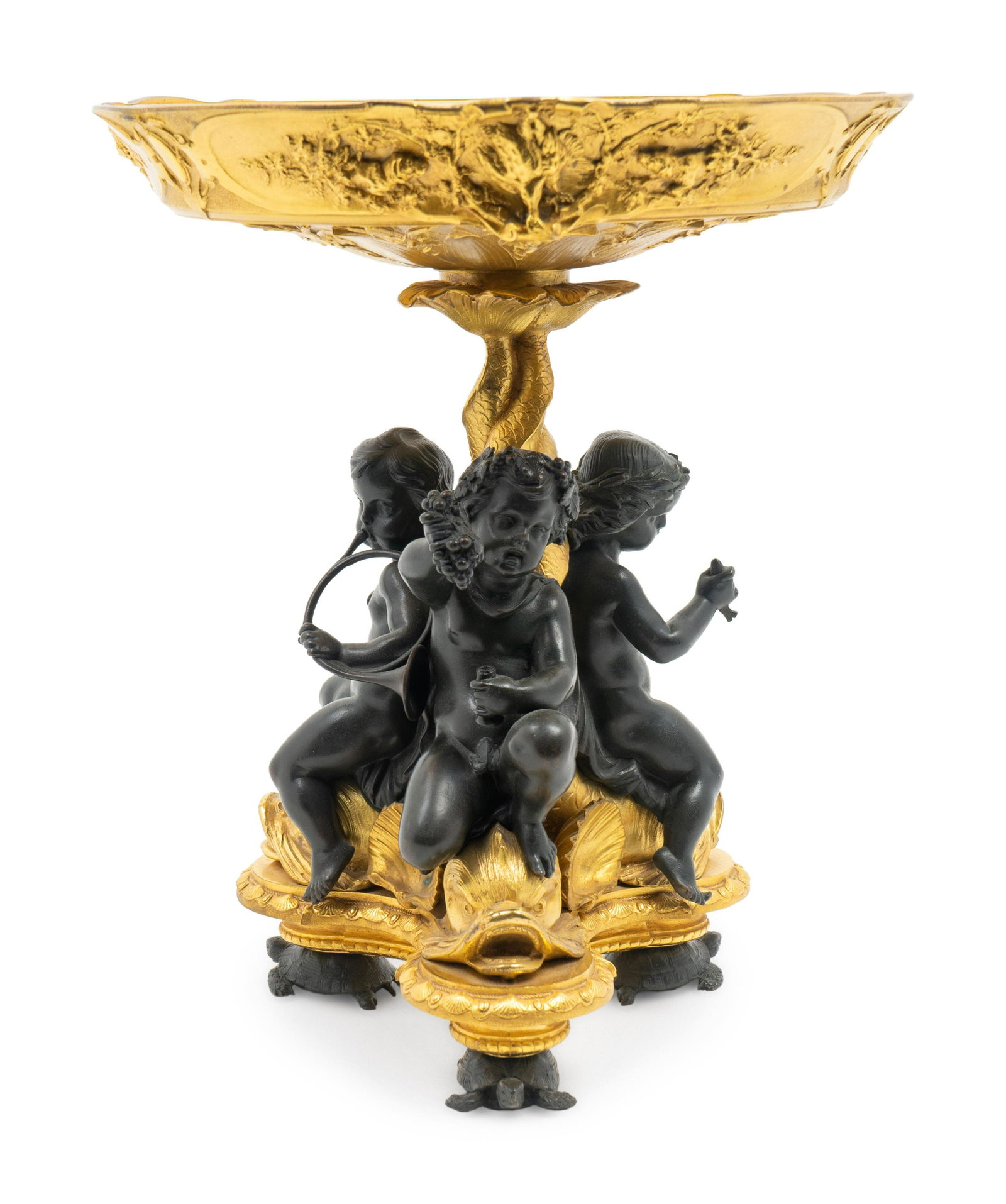 A Louis XVI Style Parcel-Gilt and Patinated Bronze: A Louis XVI Style Parcel-Gilt and Patinated Bronze Centerpiece 20TH CENTURY Height 13 1/2 x diameter 12 inches.