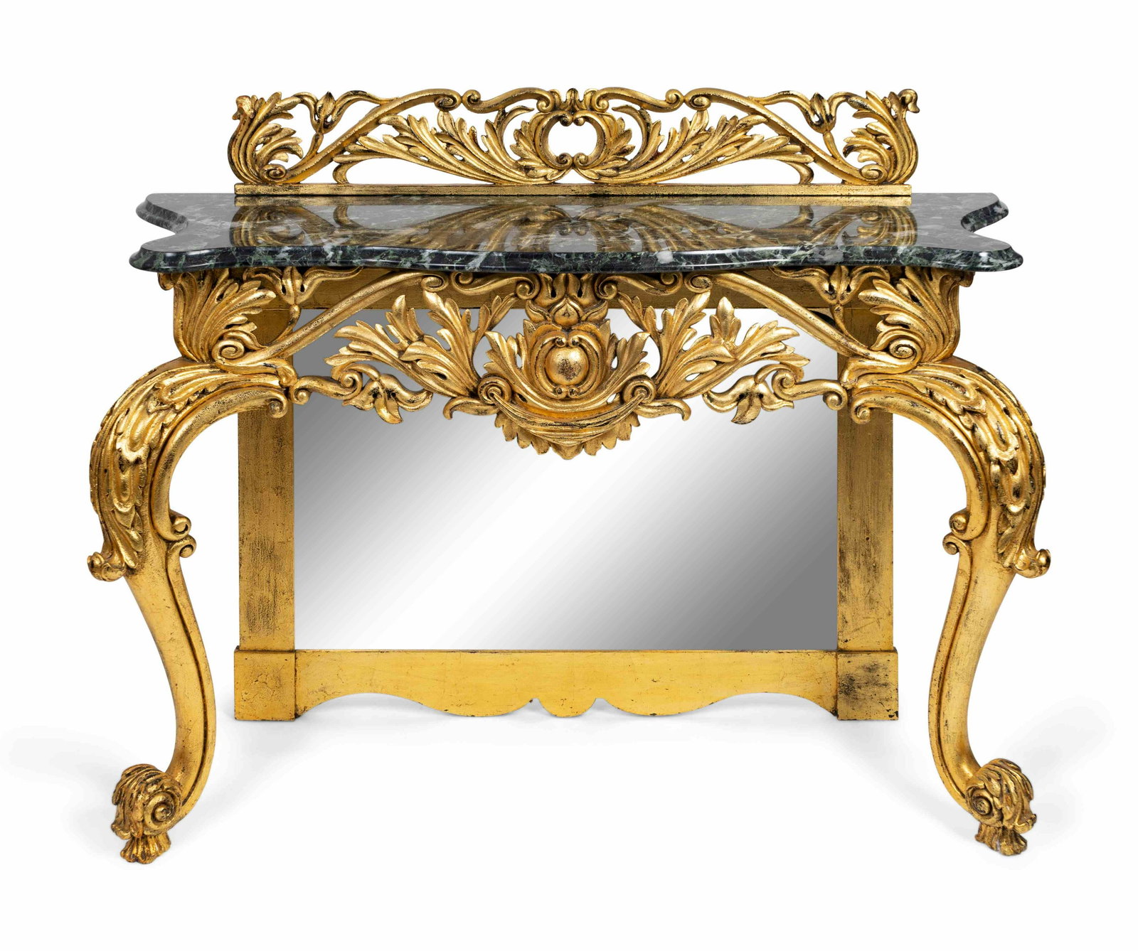 A George II Style Giltwood Console Height 38 x length: A George II Style Giltwood Console 19TH CENTURY Height 38 x length 58 x depth 21 inches. Provenance: Stephen Orton Antiques, London. Property of a Miami Private Collector