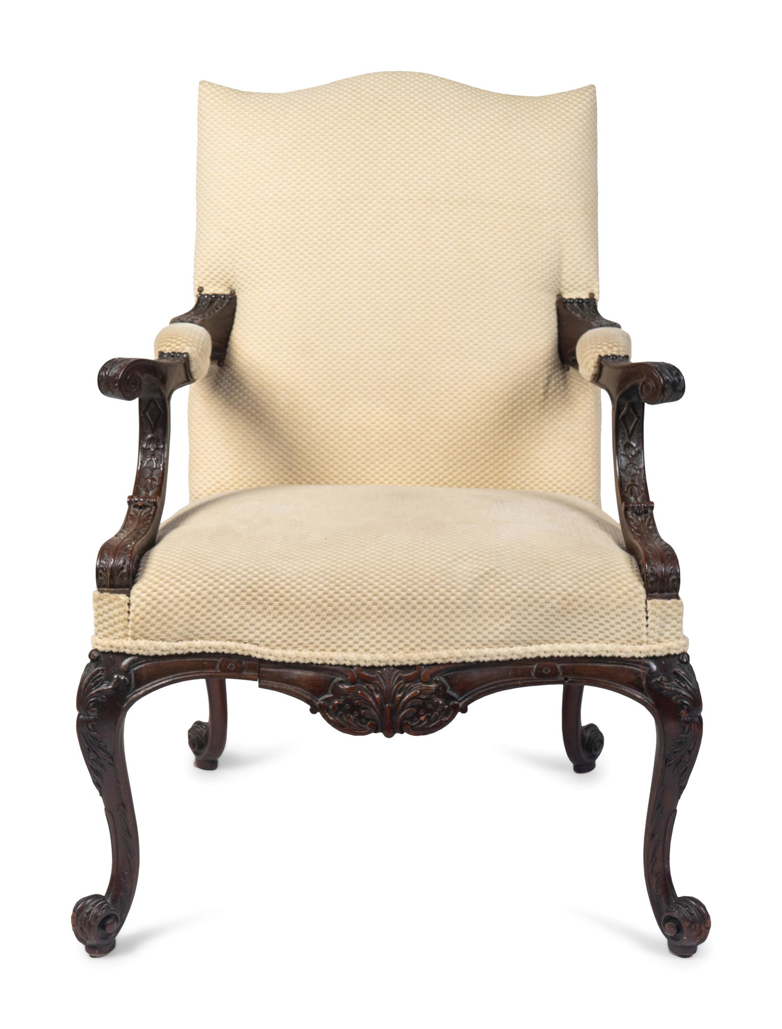 A George III Style Carved Mahogany Library Armchair: A George III Style Carved Mahogany Library Armchair 19TH/20TH CENTURY Height 43 1/2 x width 30 inches. Provenance: Manheim Galleries, New Orleans