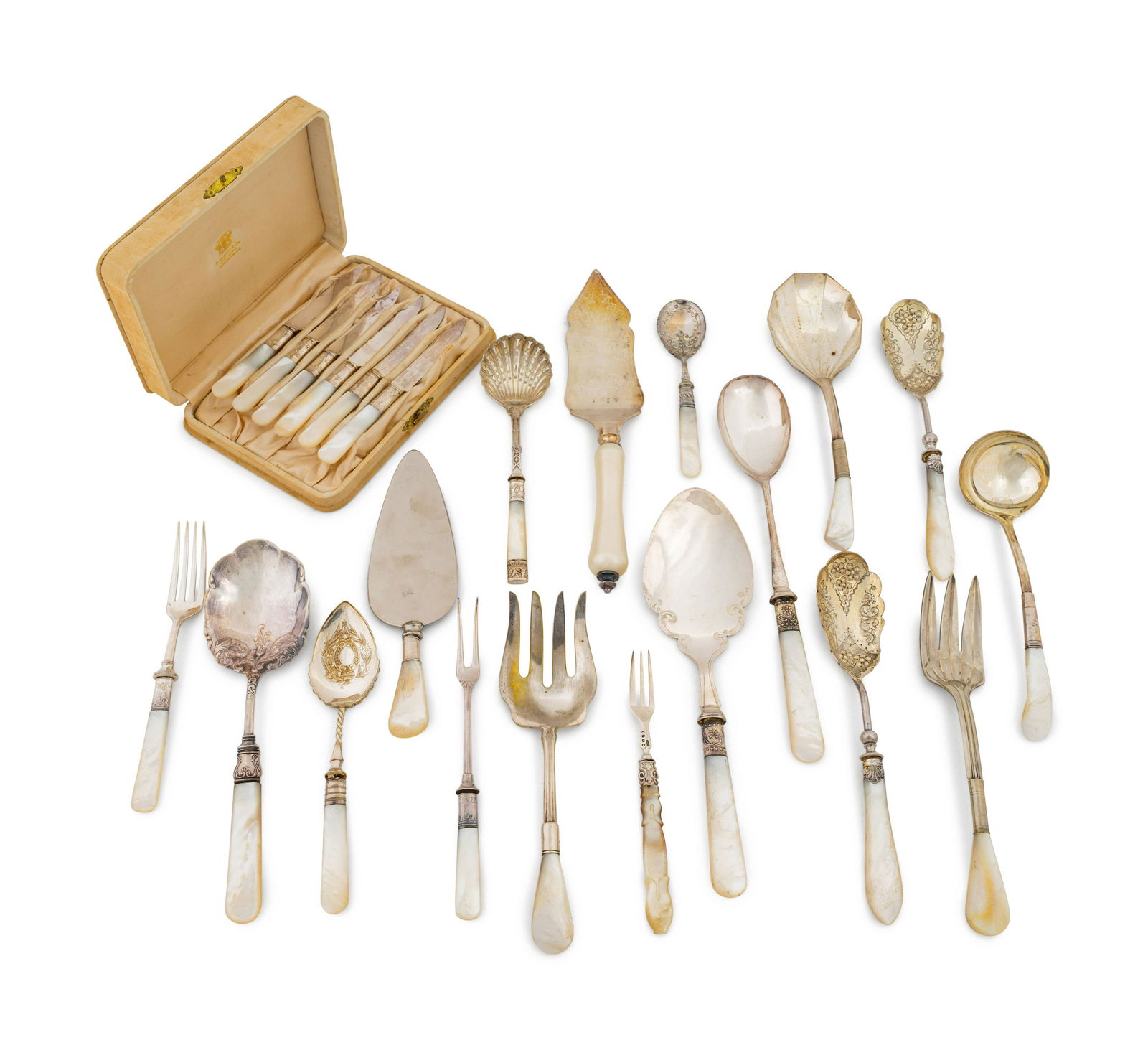 An Assembled Group of English Mother-of-Pearl-Handled: An Assembled Group of English Mother-of-Pearl-Handled Flatware and Serving Utensils LATE 19TH/EARLY 20TH CENTURY comprising 34 varied lunch and dinner forks, 12 varied serving spoons, 7 butter knives