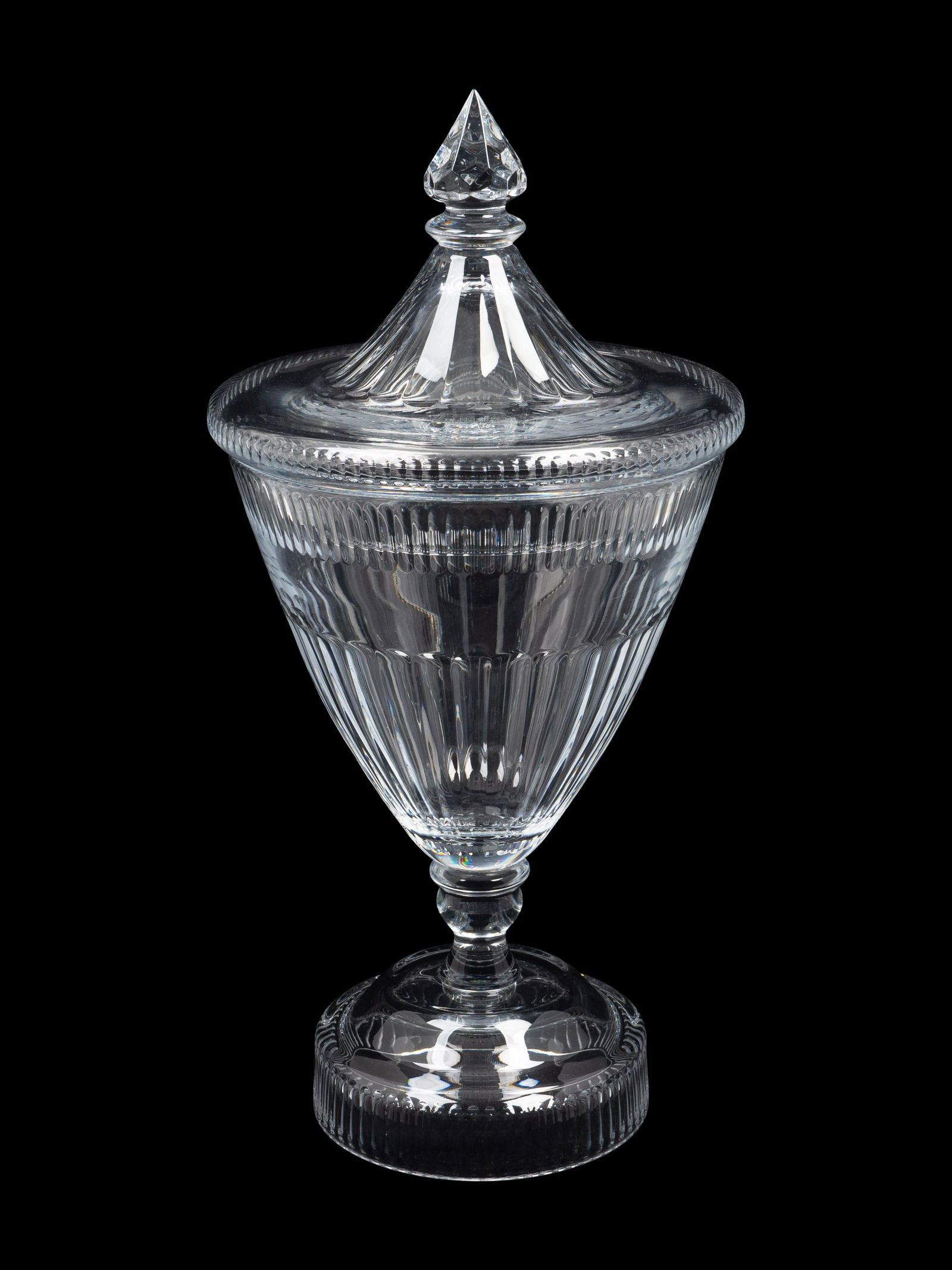 A William Yeoward Cut-Glass Covered Urn Height 24: A William Yeoward Cut-Glass Covered Urn 20TH CENTURY Height 24 x diameter 10 3/4 inches. Property from the Collection of a Parisian Lady