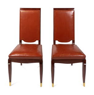 Maurice Jallot (French, 1900-1971) Set of Six Dining: Maurice Jallot (French, 1900-1971) Set of Six Dining Chairs walnut, leather, brass H 43 x W 17 3/4 x D 19 1/2 inches
