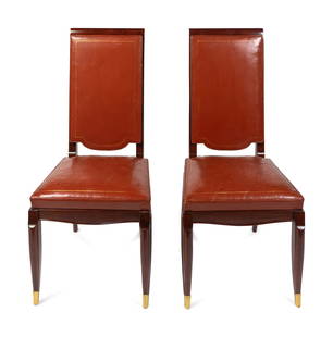 Maurice Jallot (French, 1900-1971) Set of Six Dining: Maurice Jallot (French, 1900-1971) Set of Six Dining Chairs walnut, leather, brass H 43 x W 17 3/4 x D 19 1/2 inches