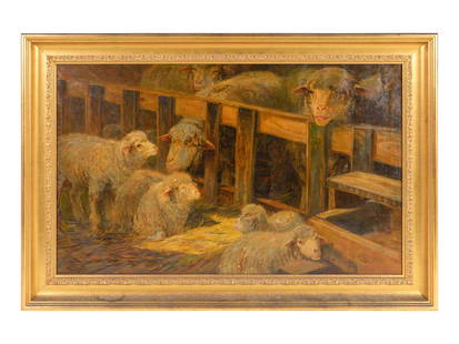 John Austin Sands Monks (American, 1850-1917) Lambs and: John Austin Sands Monks (American, 1850-1917) Lambs and Ewes in the Fold oil on canvas signed lower left JAS Monks 26 x 42 inches. Provenance: Mission Gallery, San Diego, California. Property from the