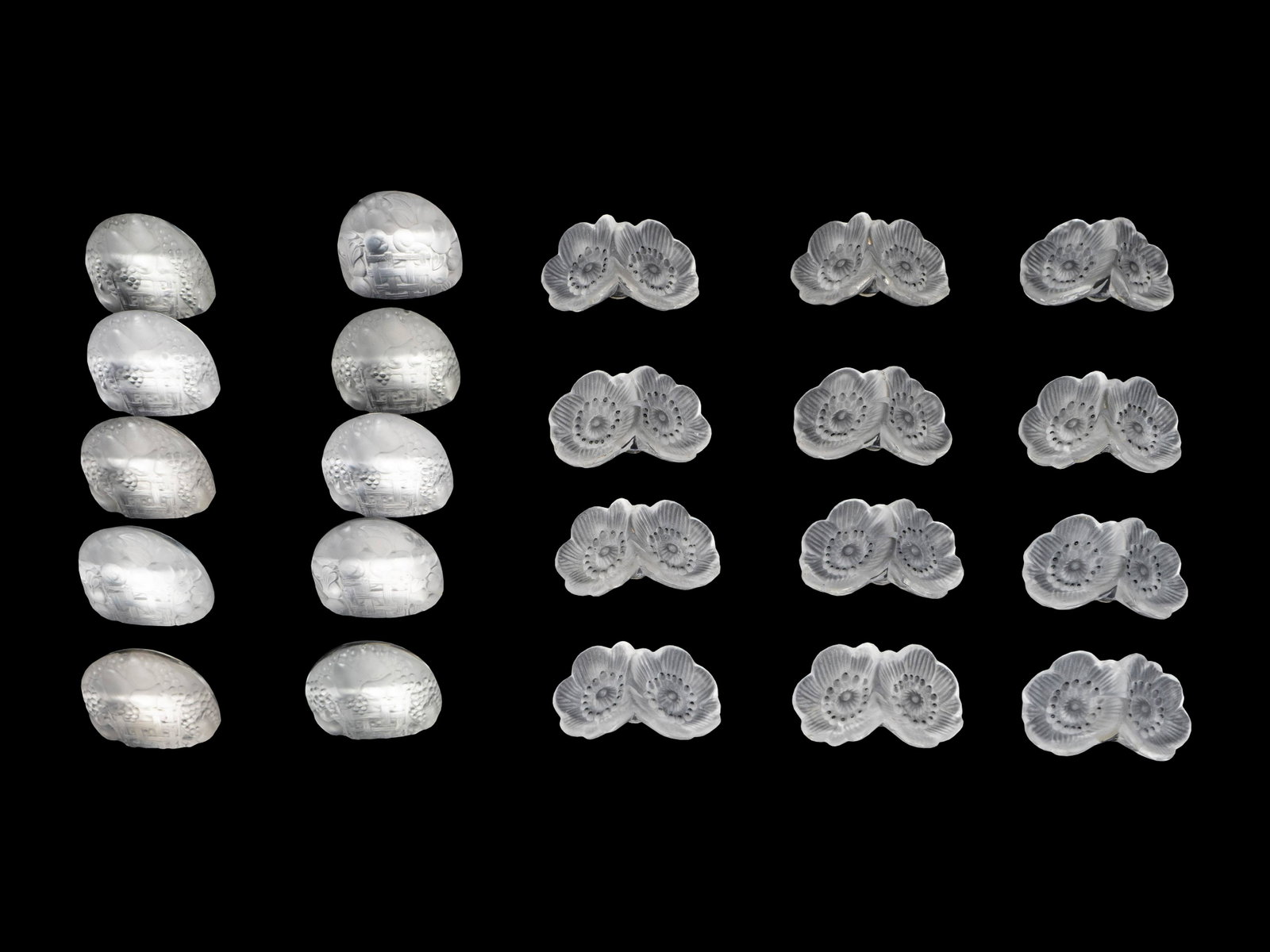 Ten R. Lalique Frosted Glass Poires Place Card Holders: Ten R. Lalique Frosted Glass Poires Place Card Holders and Twelve Lalique Style Anenome Table Ornaments