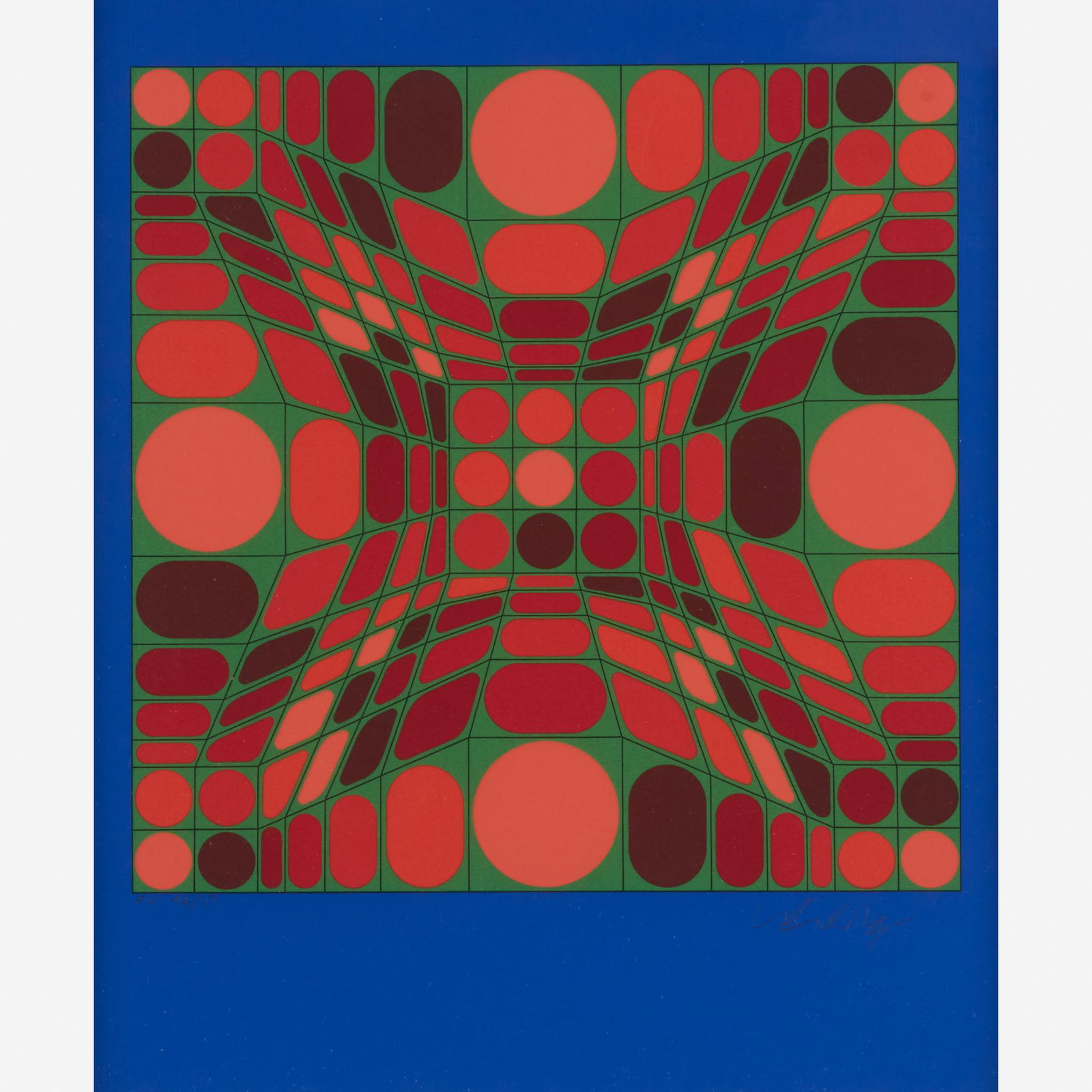 Victor Vasarely (French/Hungarian, 1906–1997), , Fayr: Victor Vasarely (French/Hungarian, 1906–1997)Fayr Fond BluePencil signed and numbered 'FV 12/50'. Color screenprint on wove paper.image: 10 3/16 x 10 3/16 in. (25.9 x 25.9cm)sheet: 14 1/8 x 11 3/4 i