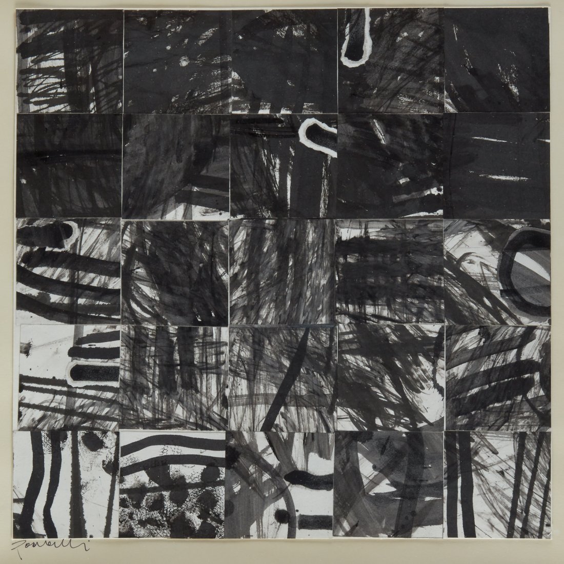 Dolores Poacelli (American, b. 1945), , Ink Squares: Dolores Poacelli (American, b. 1945)Ink SquaresThree WorksEach signed bottom right, signed, titled and dated 2013 on backing board verso, black ink on paper collaged squares.each (approx.): 14 3/4 x 1