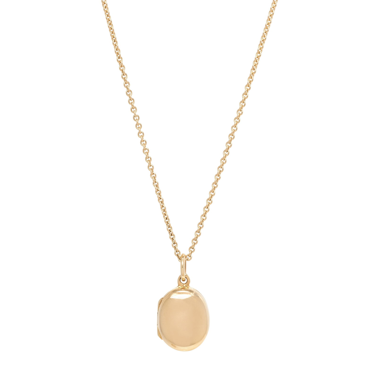 TIFFANY & CO., YELLOW GOLD LOCKET NECKLACE: TIFFANY & CO., YELLOW GOLD LOCKET NECKLACE Consisting of a hinged locket pendant with two interior compartments, suspended from a cable link chain. 18 inches long. Locket stamp: TIFFANY & CO. 585 ITAL