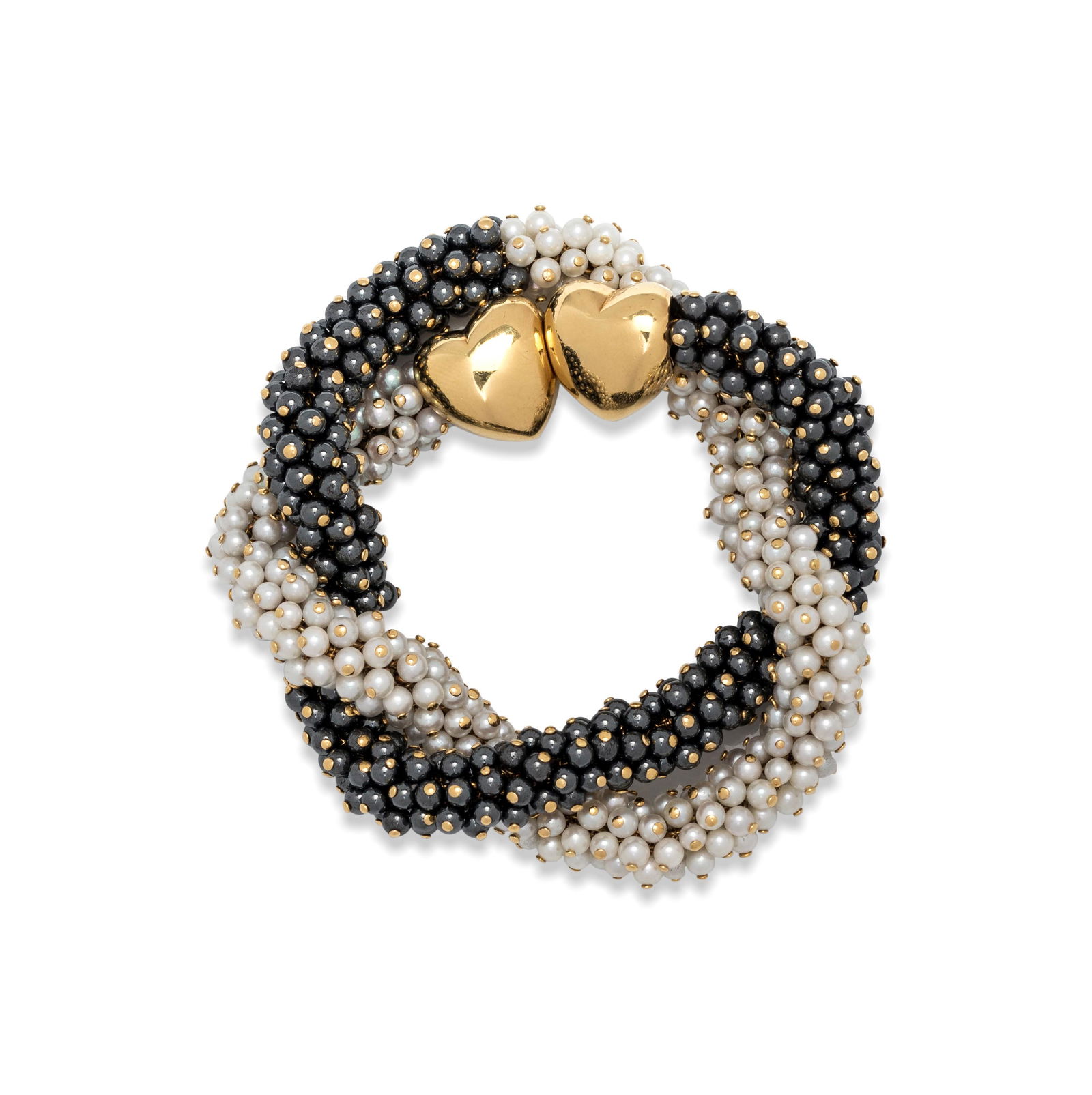 VAN CLEEF & ARPELS, CULTURED PEARL AND HEMATITE: VAN CLEEF & ARPELS, CULTURED PEARL AND HEMATITE NECKLACE/BRACELET Containing numerous pearl beads measuring approximately 3.00-3.45 mm in diameter and numerous hematite beads measuring approximately 3
