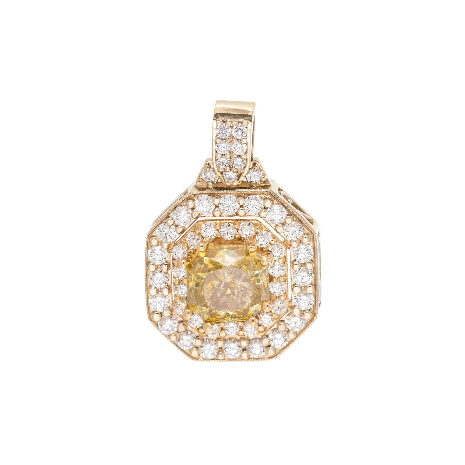 FANCY DEEP YELLOW DIAMOND AND DIAMOND PENDANT: FANCY DEEP YELLOW DIAMOND AND DIAMOND PENDANT Containing one radiant cut fancy deep yellow diamond weighing 5.87 carats and 47 round brilliant cut diamonds weighing approximately 1.60 carats total. Mo