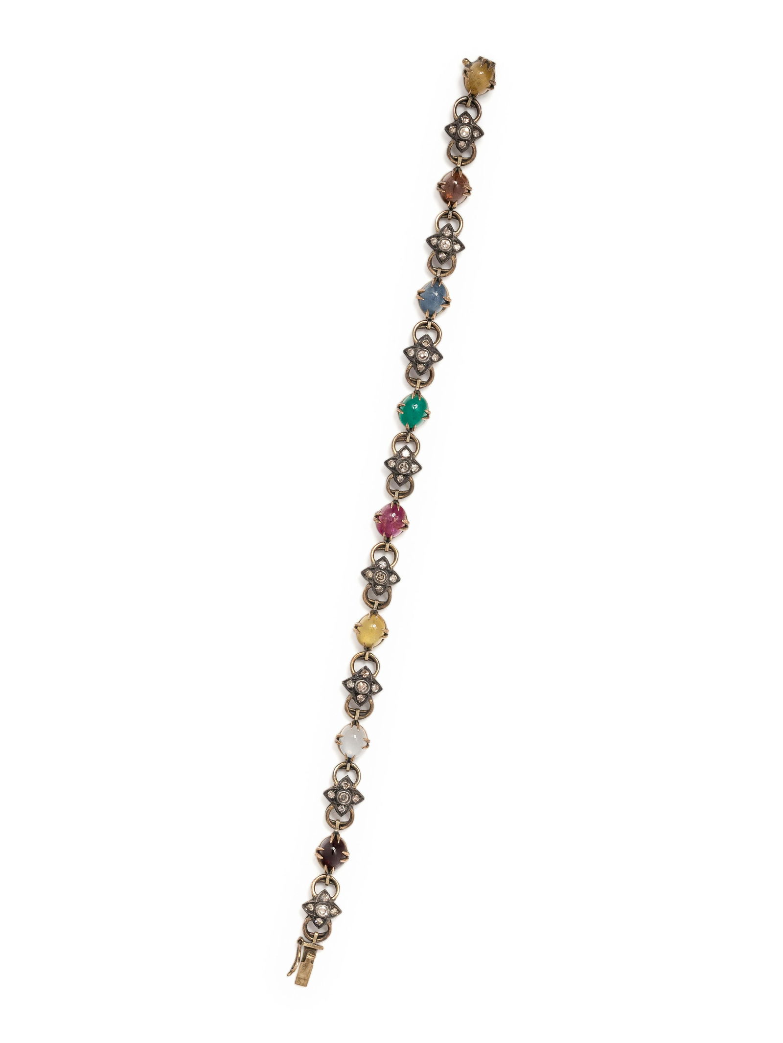 ANTIQUE, MULTIGEM AND DIAMOND BRACELET: ANTIQUE, MULTIGEM AND DIAMOND BRACELET Containing eight oval cabochon gemstones including garnet, moonstone and ruby and 40 single cut diamonds. Mounted in silver-topped gold. 6 1/2 inches long. 6.25