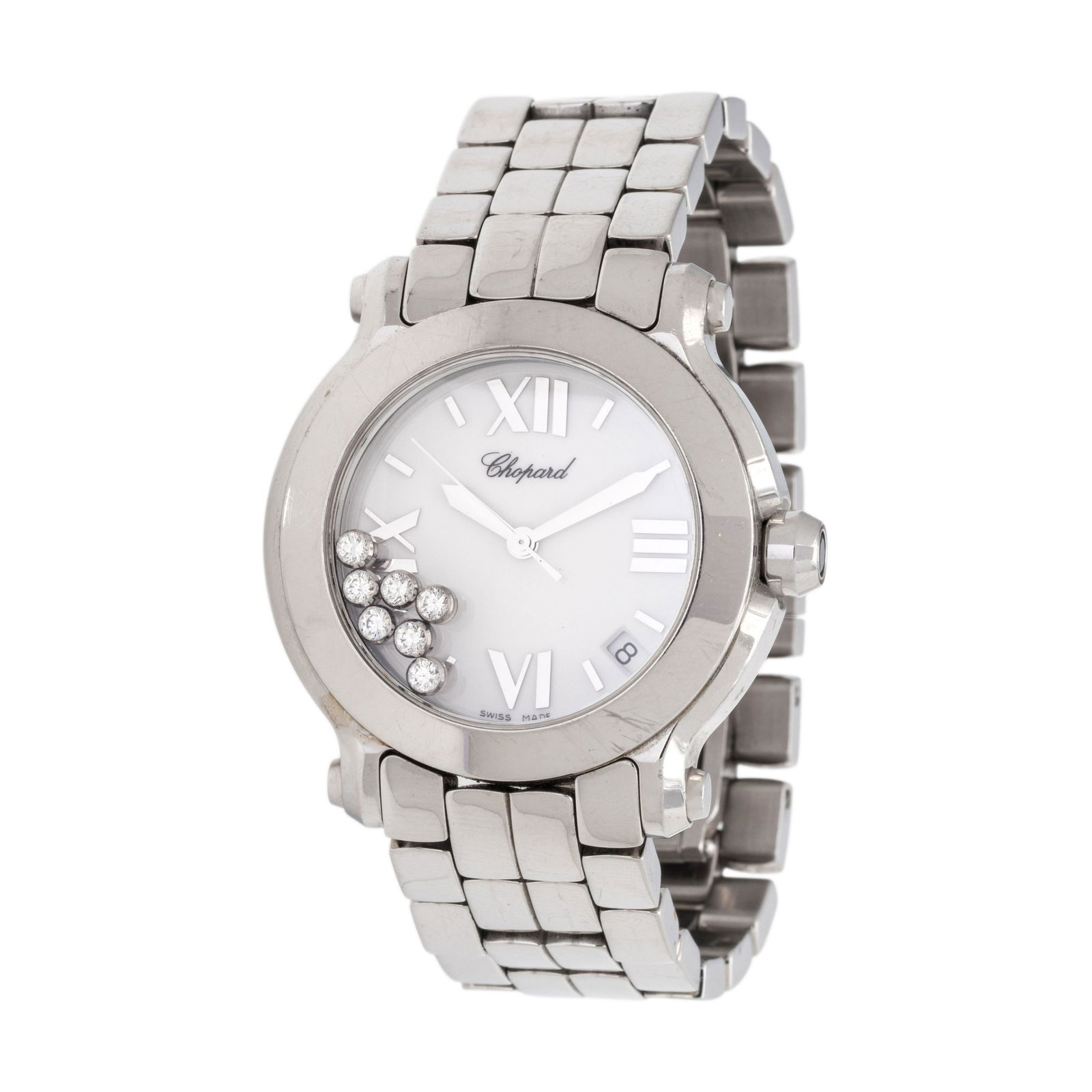 CHOPARD, STAINLESS STEEL AND DIAMOND REF. 8475 'HAPPY: CHOPARD, STAINLESS STEEL AND DIAMOND REF. 8475 'HAPPY SPORT' WRISTWATCH 35.00 mm case diameter, white dial, silvered Roman numerals, date aperture between 4 and 5 o'clock, the crystal enclosing seven