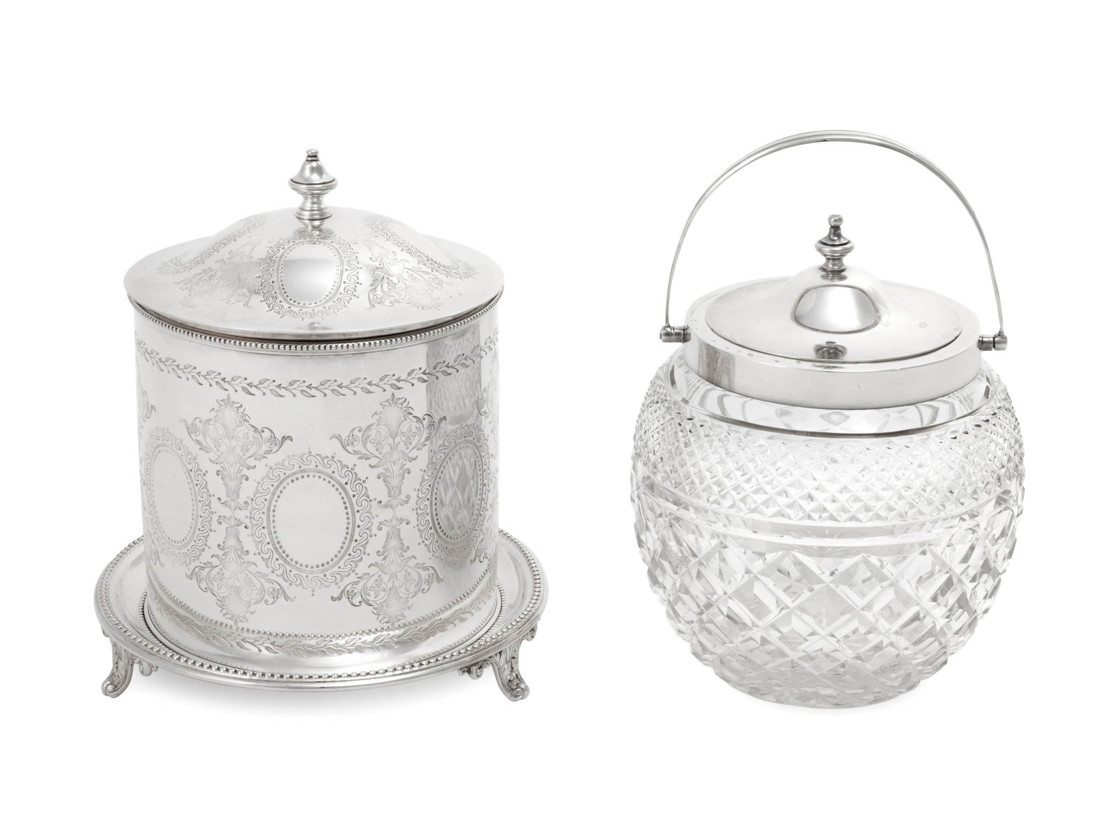 Two English Silvered Metal Mounted Biscuit Barrels (1 of 3)