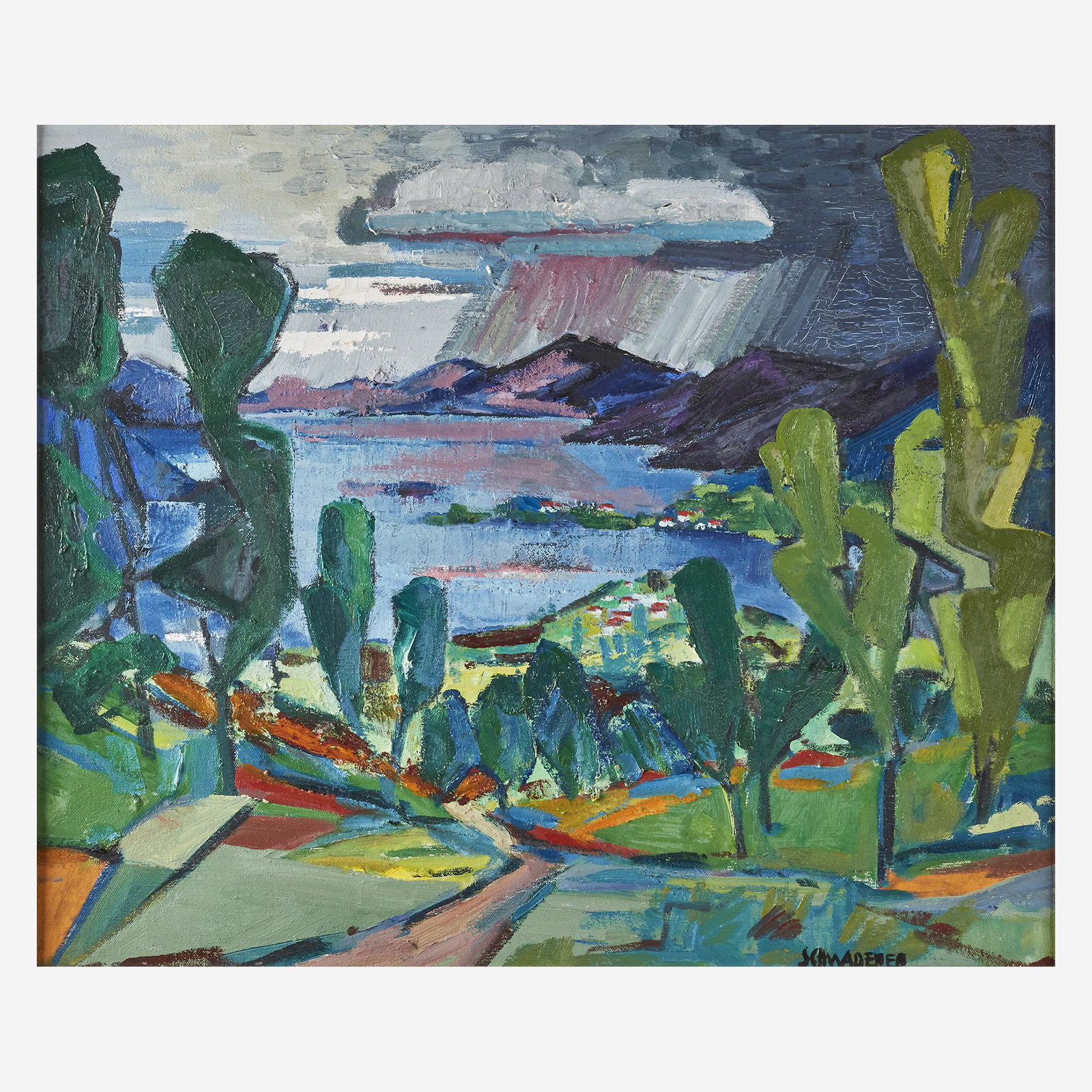 Fritz Schwaderer (American/German, B. 1901), , The Bay: Fritz Schwaderer (American/German, B. 1901)The BaySigned 'SCHWADERER' bottom right, oil on canvas20 x 24 in. (50.8 x 61cm)PROVENANCE:The Artist.Private Collection, Pennsylvania.By descent in family.