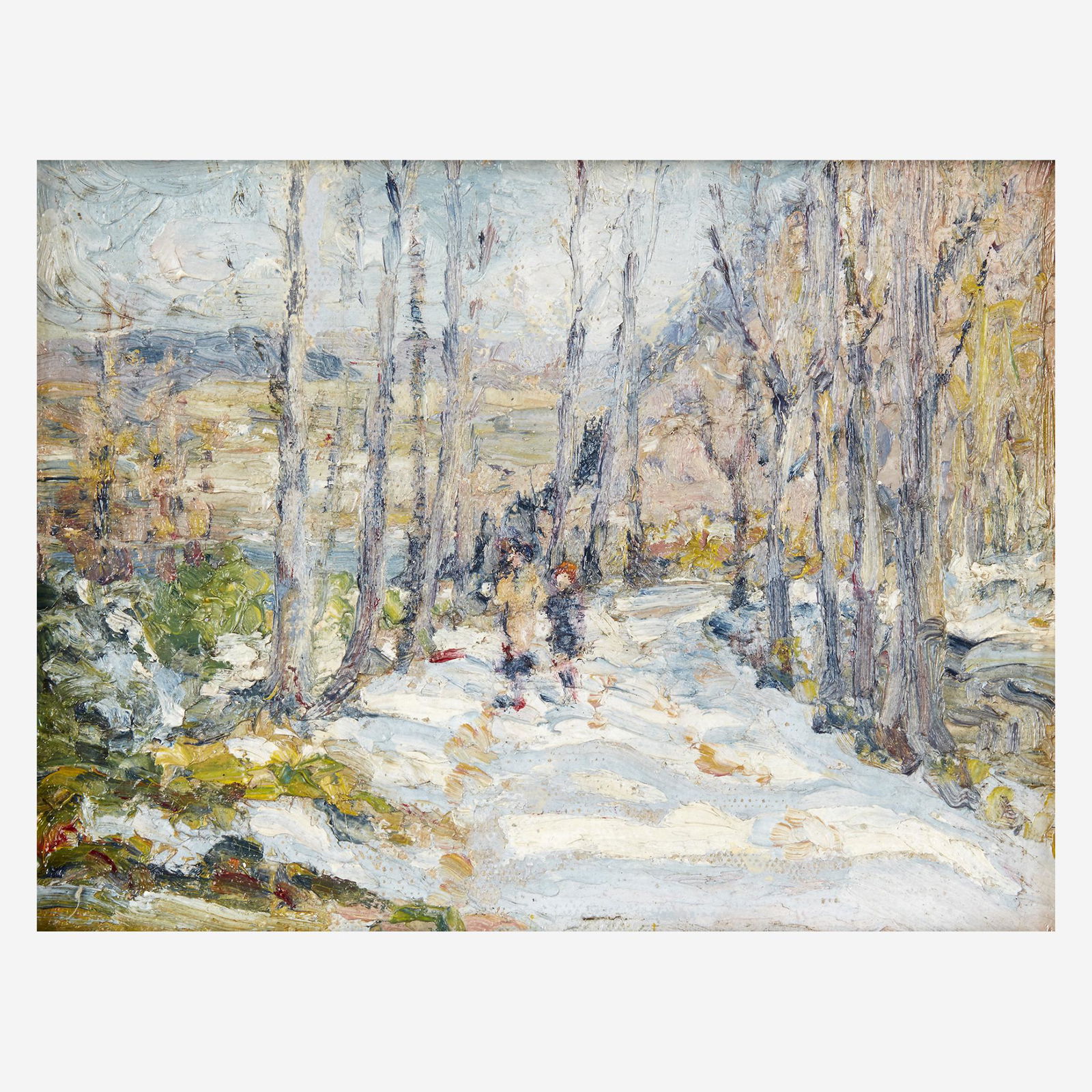 Mary Smith Perkins Taylor (American, 1875–1931), ,: Mary Smith Perkins Taylor (American, 1875–1931)Winter in the ValleySigned 'M.P. Taylor' and titled verso, oil on canvas laid down to board4 3/4 x 6 1/4 in. (12.1 x 15.9cm)PROVENANCE:Gratz Gallery, D