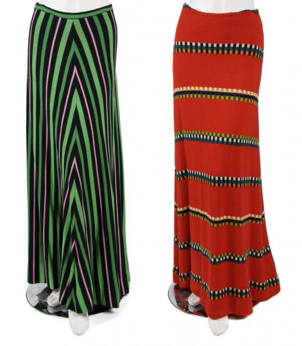 Two Missoni Full Length Skirts,: Two Missoni Full Length Skirts, 1980s, one in black, pink and green diagonal stripes, the other in red with multicolored horizontal stripes, both full length and slightly flared. Labeled: Missoni.