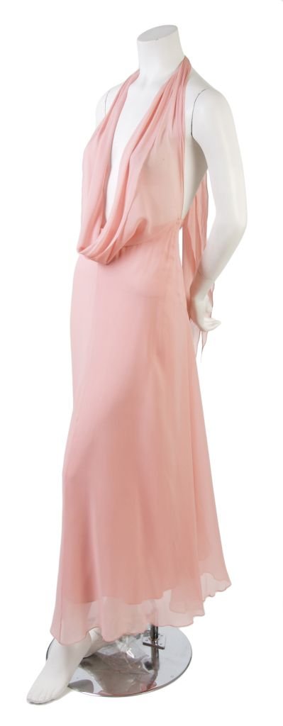 A Stephen Burrows Chiffon Dress, Size 2.: A Stephen Burrows Chiffon Dress, in peach silk, halter top with cowl neck, full length. Labeled: 'Stephen Burrows' World.' Size 2.