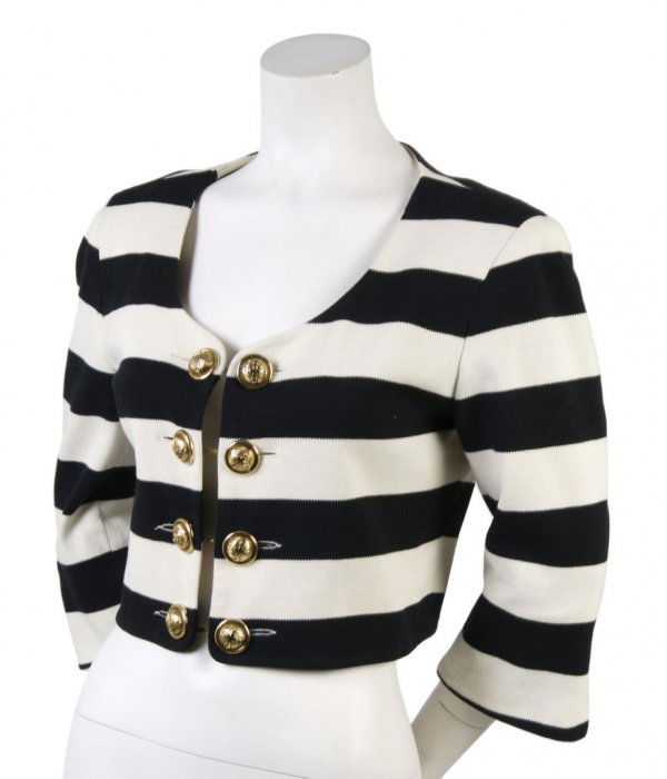 A Moschino Black and White Striped Jacket,: A Moschino Black and White Striped Jacket, 1992, in a cropped fit with three-quarter sleeves, jewel neckline, goldtone logo cufflink closures, fully lined. Labeled: Cheap and Chic by Moschino.