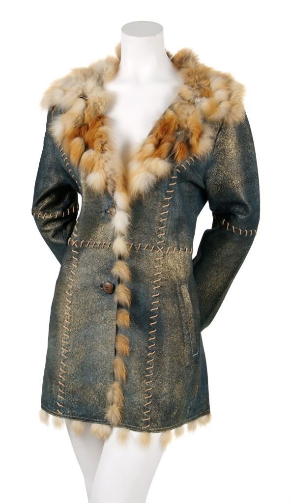A Roberto Cavalli Leather Coat,: A Roberto Cavalli Leather Coat, navy with gold metallic glaze, whipstitching, and fox fur trimmed sleeves, collar, and lapel. No label.