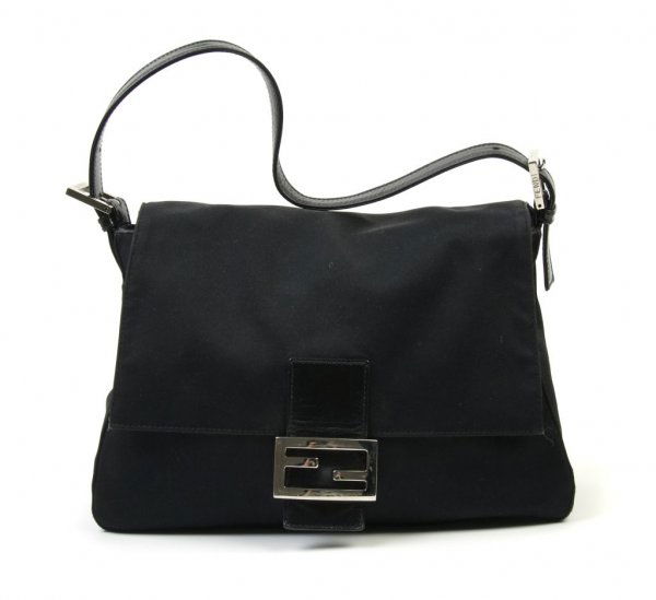 A Fendi Black Fabric Mamma Baguette, 12 x 9 inches.: A Fendi Black Fabric Mamma Baguette, with black leather trim, silver tone buckle, one interior pocket. Stamped: Fendi/Made in Italy. 12 x 9 inches.