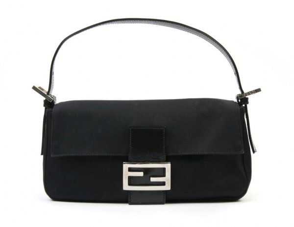 A Fendi Black Fabric Baguette, 10 x 6 inches.: A Fendi Black Fabric Baguette, with black leather trim, silver tone buckle, one interior pocket. Stamped: Fendi/Made in Italy. 10 x 6 inches.