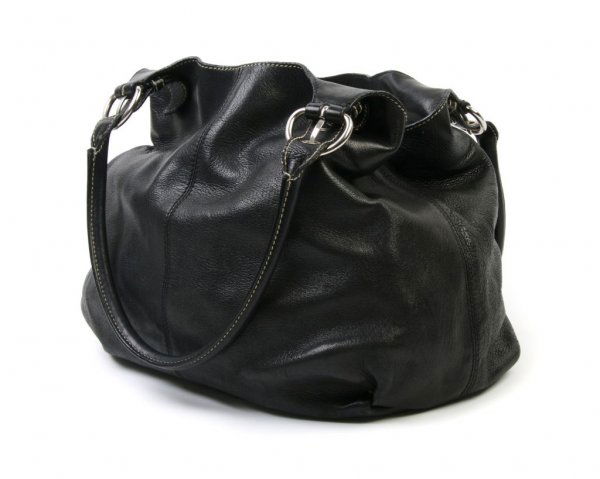 A Prada Black Leather Bag, 12 x 10 inches.: A Prada Black Leather Bag, with engraved buckles, one interior pocket. Stamped: Prada/Made in Italy. 12 x 10 inches.