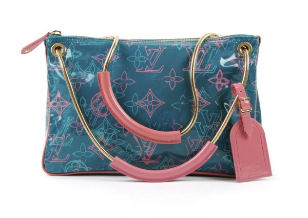 A Richard Prince for Louis Vuitton Patent Handbag, 13 x 9 inches.: A Richard Prince for Louis Vuitton Patent Handbag, 2008, in turquoise with pink trim, goldtone snake chain handles, zip closure, fully lined in suede. Stamped: Louis Vuitton/Paris/Made in France. 13 x