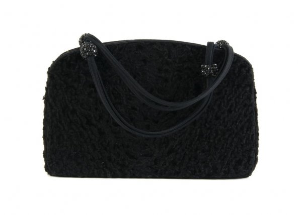 A Judith Leiber Black Fur Evening Bag, 8 1/2 x 6 inches.: A Judith Leiber Black Fur Evening Bag, with two thin satin straps, decorative rhinestone encrusted beads, fully lined. Labeled: Judith Leiber. 8 1/2 x 6 inches.