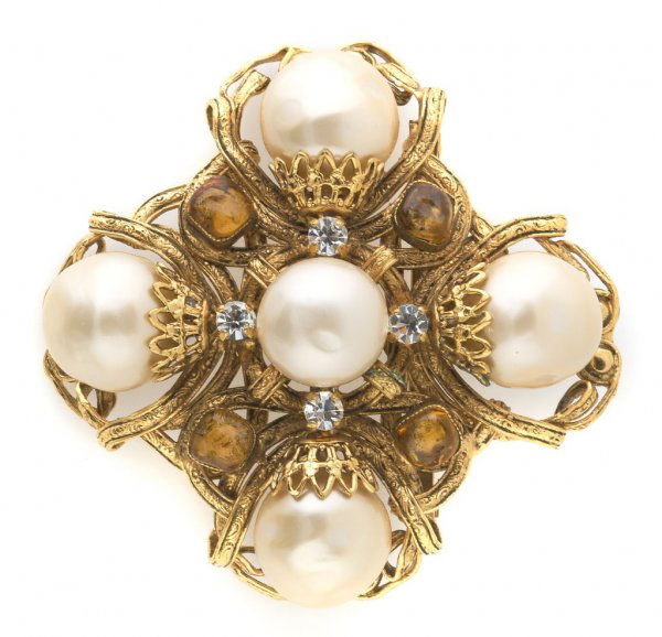 A Chanel Pearl and Amber Pate de Verre Brooch,: A Chanel Pearl and Amber Pate de Verre Brooch, circa 1980s, in the style of Robert Goossens, with rhinestones at center. Stamped: Chanel.