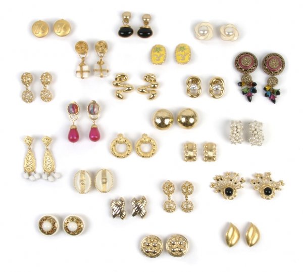 A Pair of Givenchy Gold Earclips,: A Pair of Givenchy Gold Earclips, with white crystals, together with a group of twenty-one miscellaneous earclips.