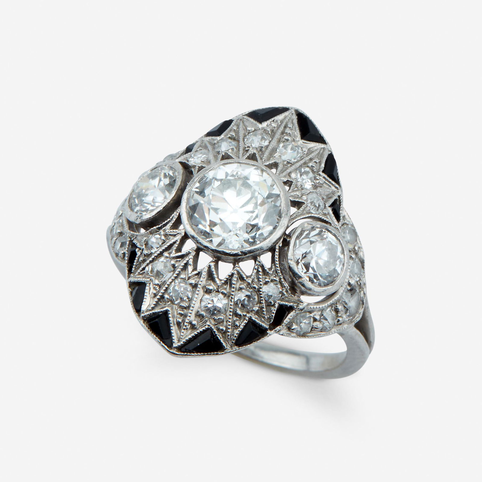 A Belle Époque diamond, platinum, and onyx ring, (1 of 2)
