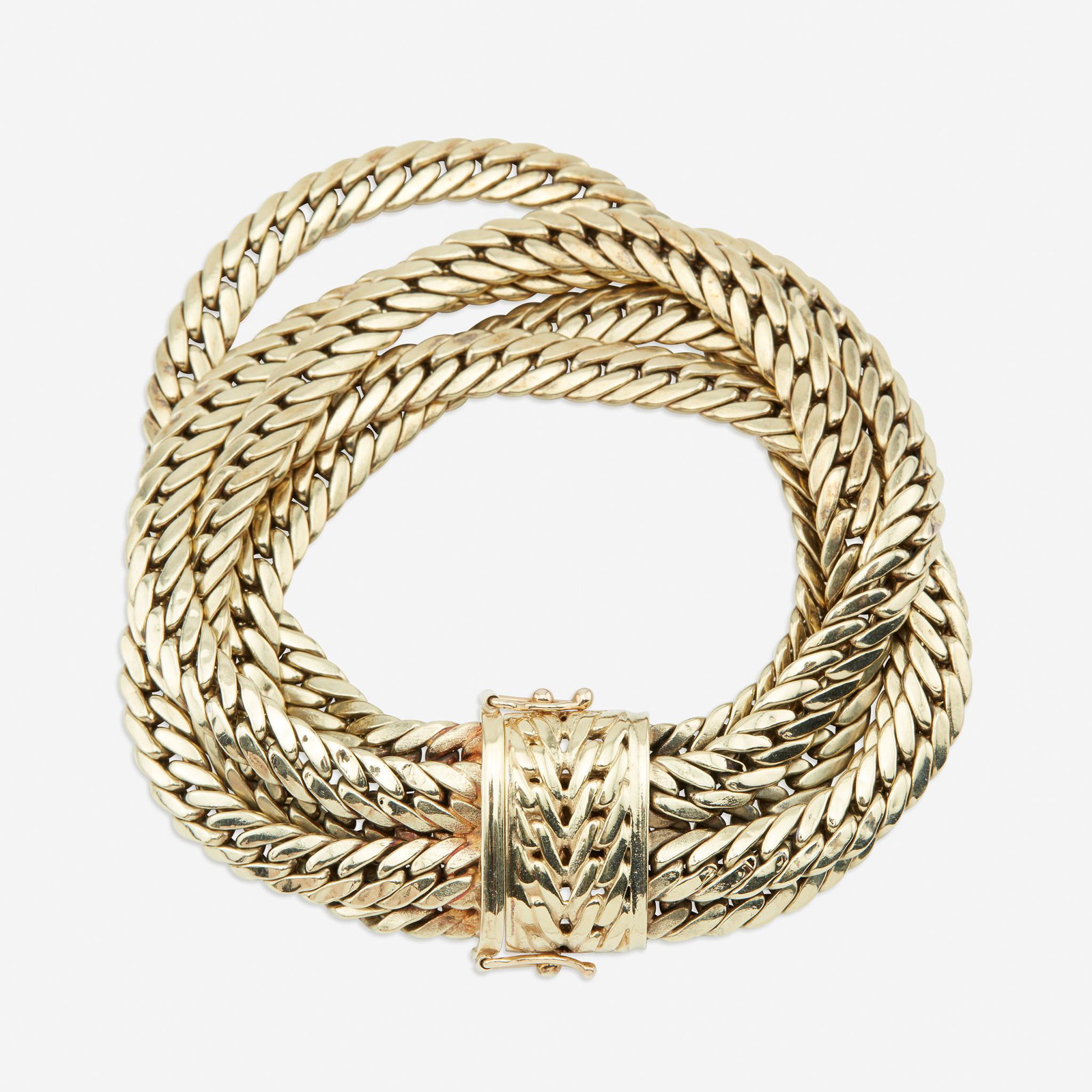 A fourteen karat gold bracelet, Italy: A fourteen karat gold braceletItalydesigned as five polished gold curb link chains.26.2 dwt.; Length: 6 7/8 in.