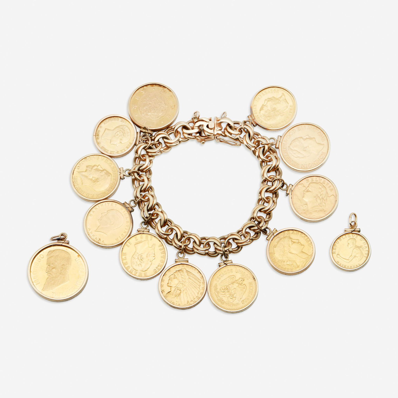 A fourteen and eighteen karat gold charm bracelet, (1 of 2)