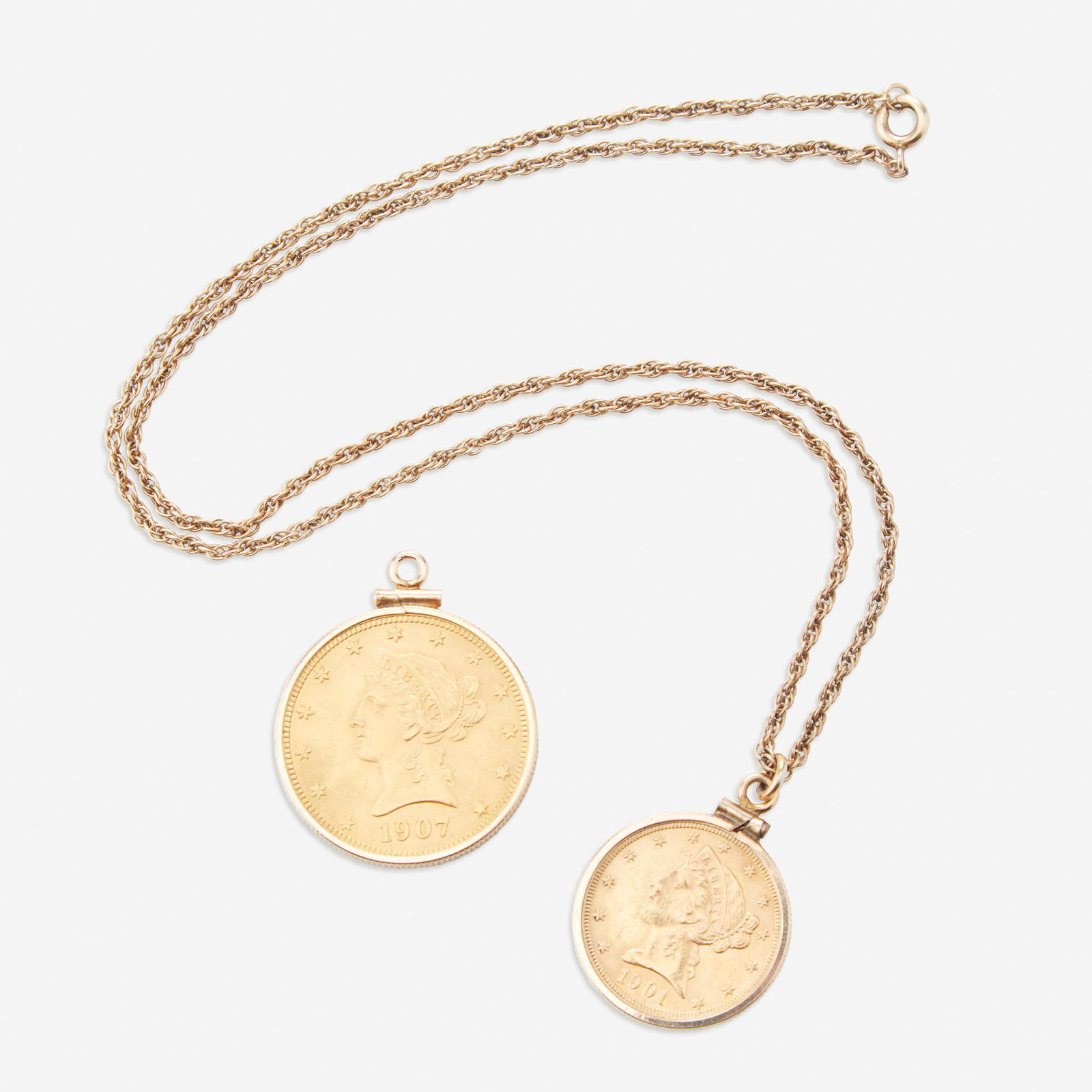 Two eighteen karat gold coin pendants, (1 of 2)