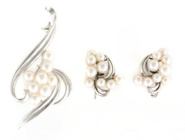 A Sterling Silver and Pearl Earclips and Pin Set, Mikim: A Sterling Silver and Pearl Earclips and Pin Set, Mikimoto.