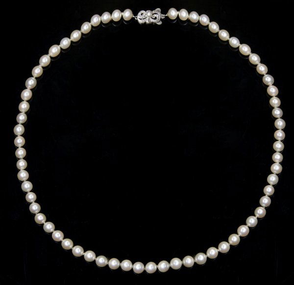 A Single Strand of Cultured Pearls, Mikimoto, Length 16: A Single Strand of Cultured Pearls, Mikimoto, containing numerous cultured pearls measuring approximately 6.55 mm - 6.95 mm, with a 14 karat white gold clasp. Length 16 inches.