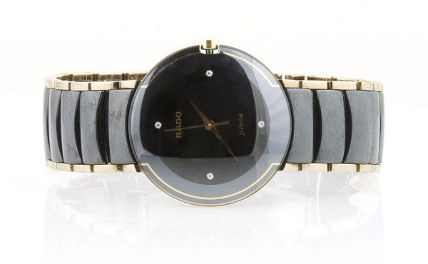 A Stainless Steel Wristwatch, Rado Jubile,: A Stainless Steel Wristwatch, Rado Jubile, with round black ceramic dial, diamond dot numerals, gold hands, gold sweep second hand, outer case stamp: RADO DIASTAR SWISS 129.0300.3 BRACELET LINKS IN HI