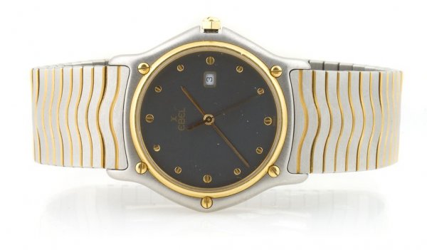A Stainless Steel Wristwatch, Ebel Classic,: A Stainless Steel Wristwatch, Ebel Classic, with gray dial, gold dot numerals, date box, sweep second hand, flexible bracelet with deployment buckle. Stamp: 1095, STAINLESS STEEL, 24 K GOLD ELECTROPLA