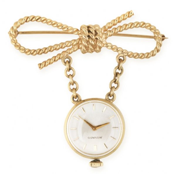 A 14 Karat Yellow Gold Pendant Watch, Movado, 7.96 dwts: A 14 Karat Yellow Gold Pendant Watch, Movado, timepiece suspended from a twisted rope style bow pin. 7.96 dwts.