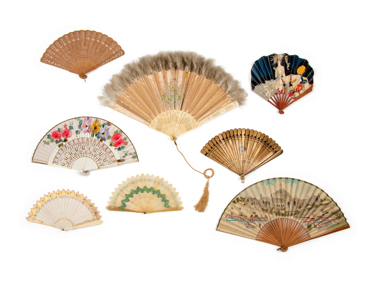 Collection of Thirteen Fans & Three Handkerchiefs,: Collection of Thirteen Fans & Three Handkerchiefs, 1850-1930 This lot includes thirteen hand fans and three handkerchiefs. Viewed from left to right, top to bottom starting in first image. THE FIRST B