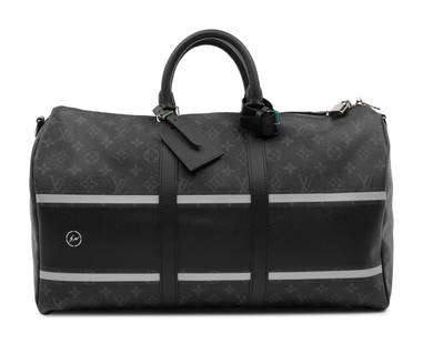 Louis Vuitton Keepall Bandouliere 45 in Monogram: Louis Vuitton Keepall Bandouliere 45 in Monogram Eclipse Canvas, Flash Fragment, Fujiwara X Fragment, Fall Winter 2017 Quoted from Luis Vuitton print material found in bag: "For the men's Autumn Winte