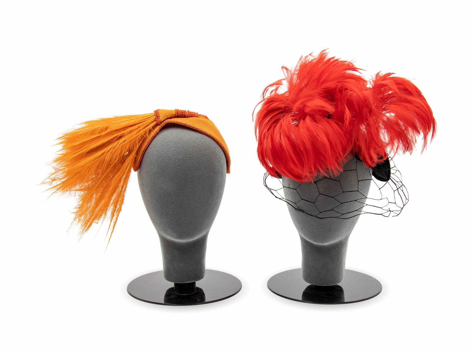 Two Bes-Ben Hats with Feathers; One Red, One Orange, (1 of 7)