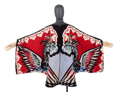 Michaele Vollbracht Quilted Silk Coat, 1970s: Michaele Vollbracht Quilted Silk Coat, 1970s Quilted silk jacket with enlarged sleeves and printed Asian-inspired floral and bird motif embellished with sequins. Label: Michaele Vollbracht Approximate