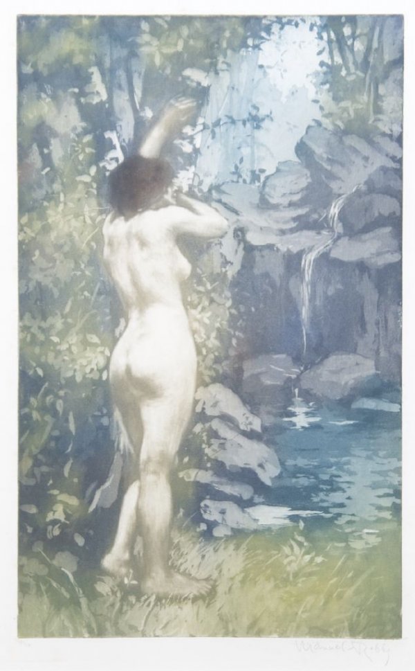 Manuel Robbe, (French, 1872-1936), La Source, 1907: Manuel Robbe (French, 1872-1936) La Source, 1907 color aquatint and etching edition of about 100, signed (lower right) 17 1/2 x 10 3/4 inches.
