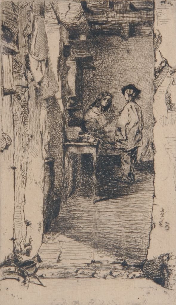 James Abbott McNeill Whistler, (American, 1834-1903), T: James Abbott McNeill Whistler (American, 1834-1903) The Rag Gatherers etching 6 1/8 x 3 1/2 inches.