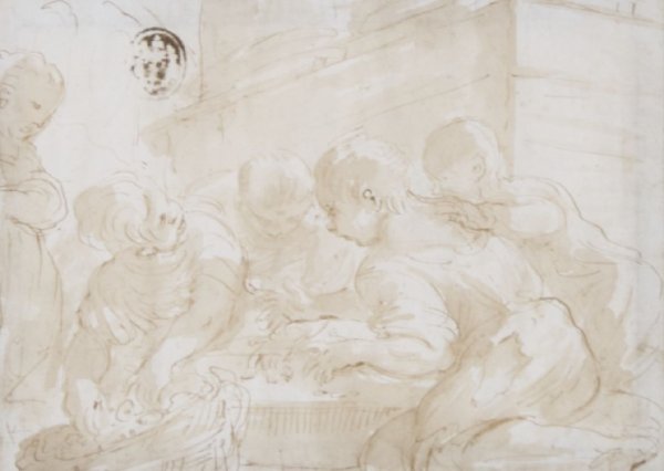 Attributed to Domenico Maria Canuti, (Italian, 1620-168: Attributed to Domenico Maria Canuti (Italian, 1620-1684) Market Scene pen, brown ink and wash drawing 5 7/8 x 8 1/8 inches.