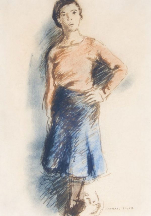 Raphael Soyer, (American, 1899-1987), Girl with Hand on: Raphael Soyer (American, 1899-1987) Girl with Hand on Hip ink and color crayons signed (lower right) 9 5/8 x 7 5/8 inches.