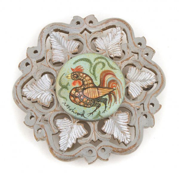 Aaron Bohrod, (American, 1907-1992), Red Rooster: Aaron Bohrod (American, 1907-1992) Red Rooster painted wood trivette signed (lower left) 5 x 5 inches.