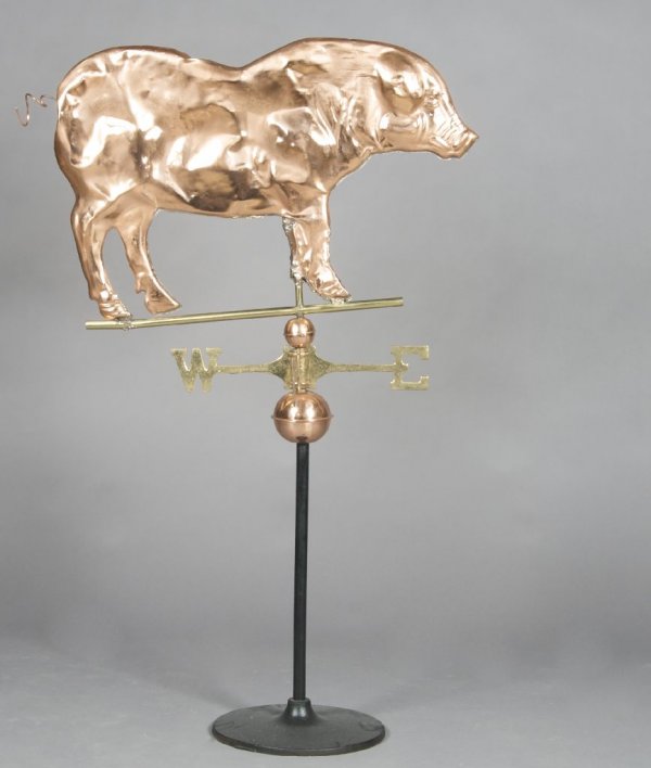 A Polished Copper Weather Vane, Width 32 inches.: A Polished Copper Weather Vane, of flattened pig form, with compass point base. Width 32 inches.